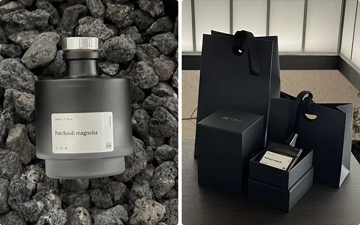 Luxurious perfume/diffuser bottle and package box of Muhwawon Perfume Studio in Seoul