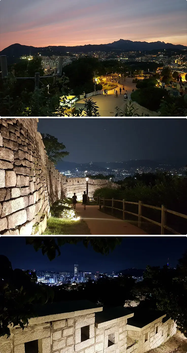 Overwhelming fortress wall and evening and night landscapes at Naksan Park in Seoul