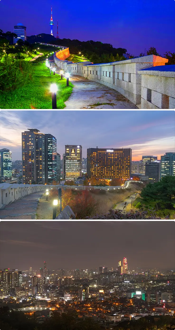 Stunning Seoul Fortress Wall and night views at Baekbeom Square in Namsan Park