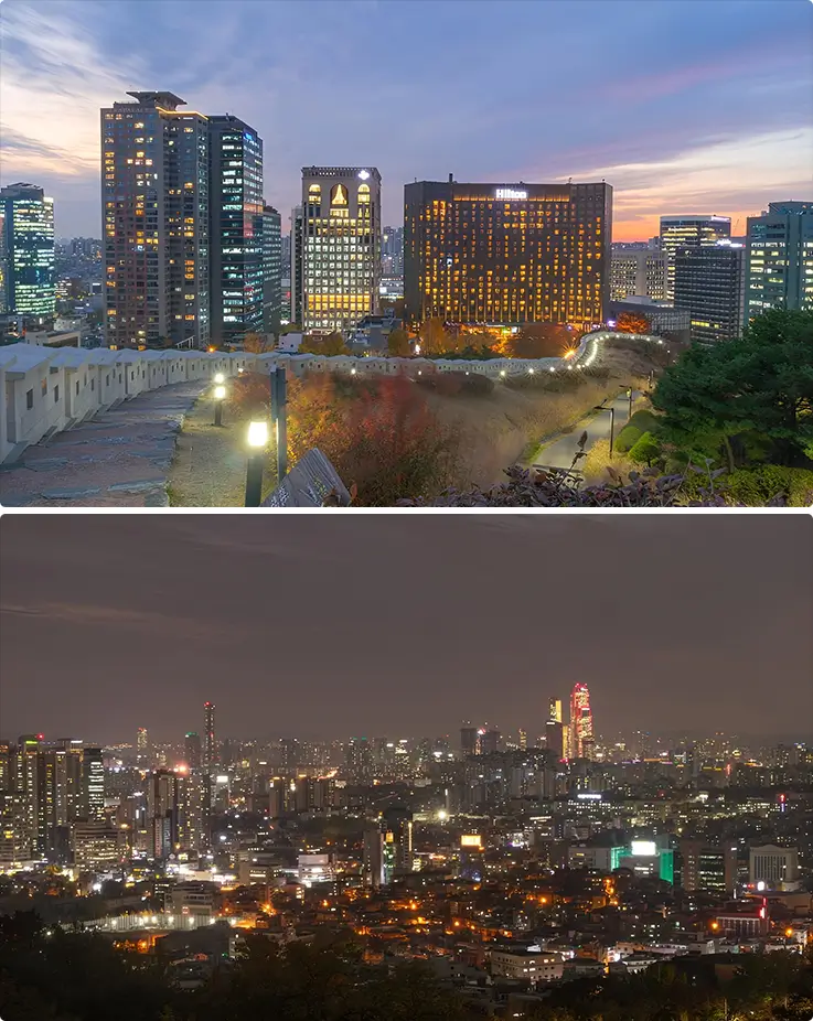 Fortress wall and evening view at Namsan Park in Seoul