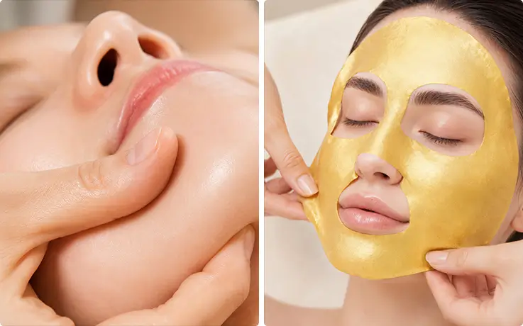 Gold facial contouring massage and gold modeling mask for radiant, lifted skin