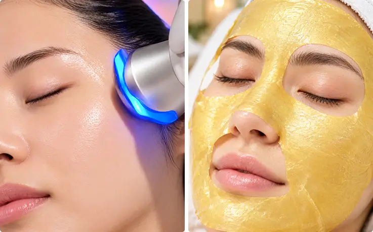 Korean brightening tone-up facial with sonic device care and gold modeling mask.