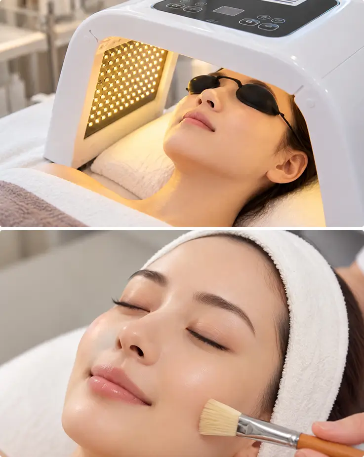 Skin renewal facial with LED collagen light therapy and soothing mask application.