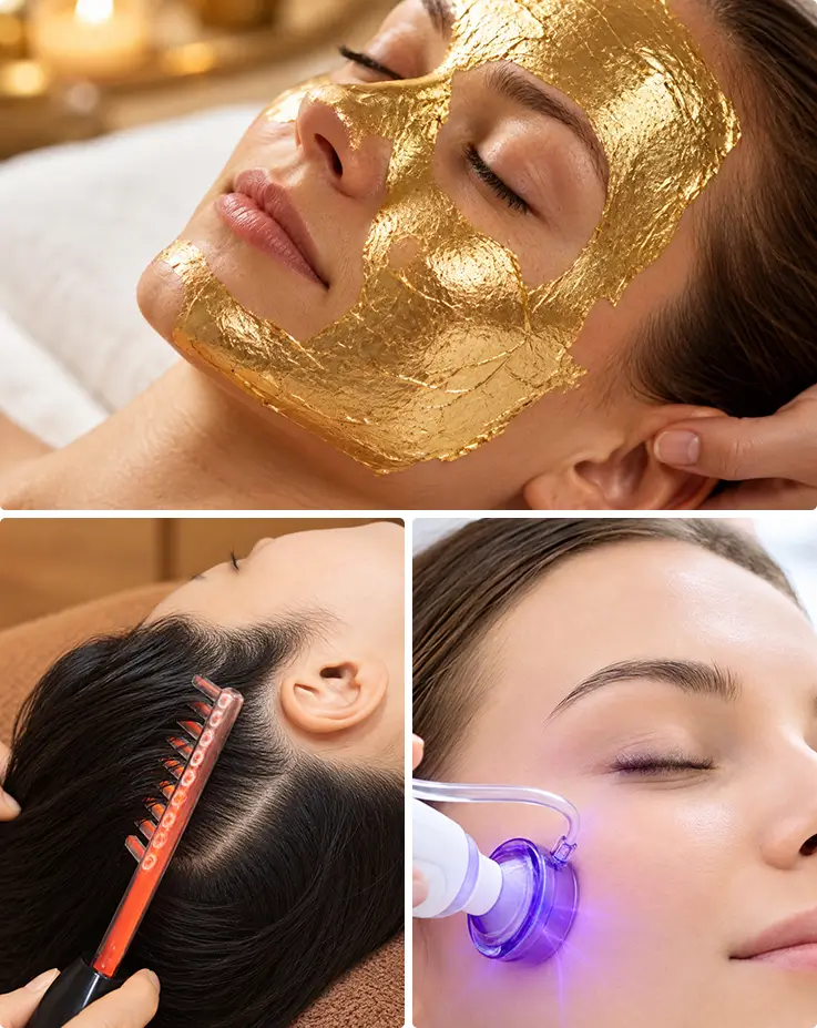 Gold Therapy facial with 24K gold patch, scalp care, and plasma treatment.