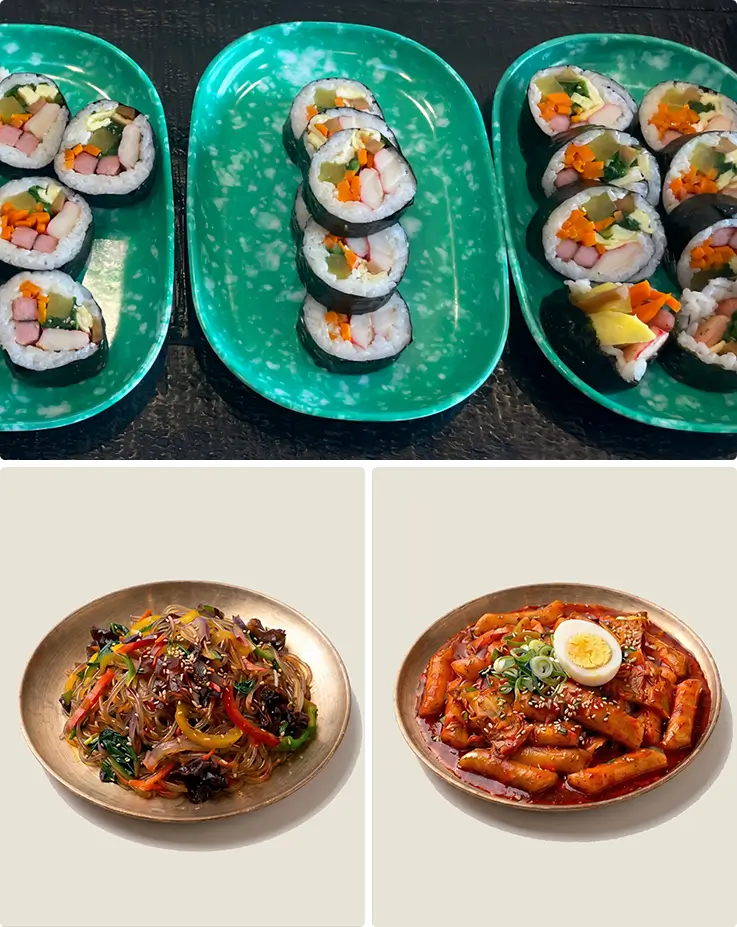 Colorful kimbap rolls, savory japchae noodles, and spicy tteokbokki plated beautifully together.