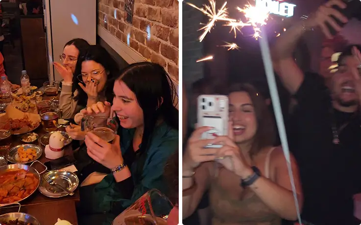 Friends enjoy drinks, food, and sparklers during a Hongdae VIP pub crawl.