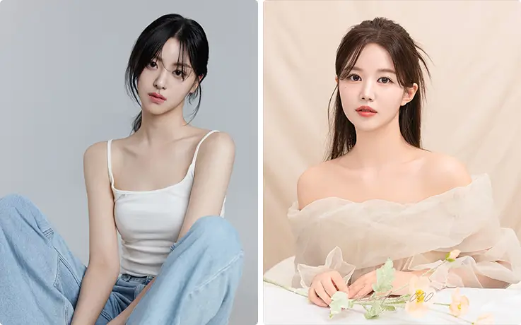 Women showcasing natural daily makeup and elegant photoshoot-ready K-beauty styling looks.