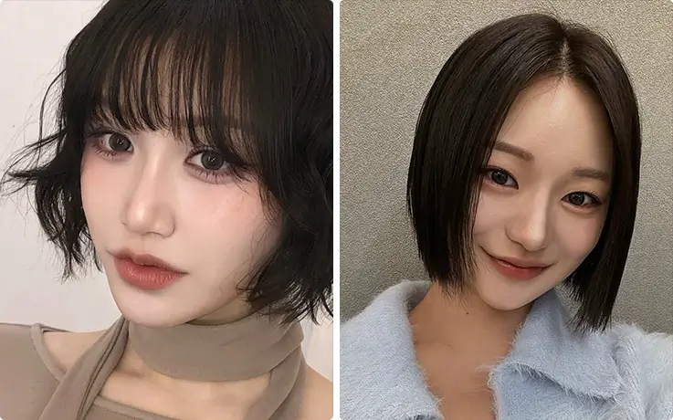 Trendy Korean short bob haircuts with wispy bangs and sleek straight finishes by professional stylists.