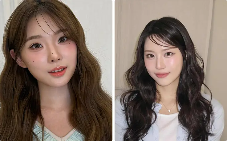 Women with voluminous long hair featuring soft wavy curls and natural K-beauty styling.