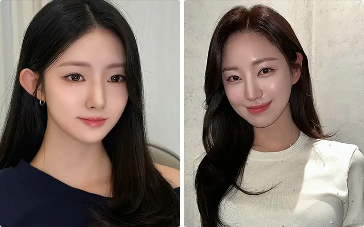 Elegant women with straight, glossy long hair showcasing refined K-beauty hair and makeup looks.