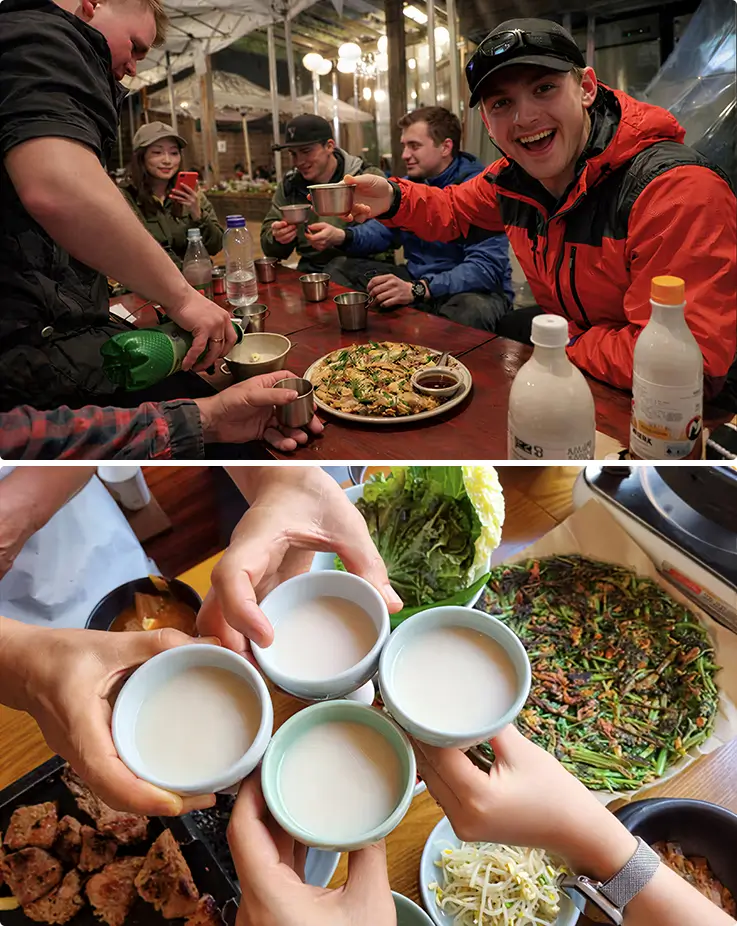 People enjoying lunch with makgeolli at Seochon Hanok Village