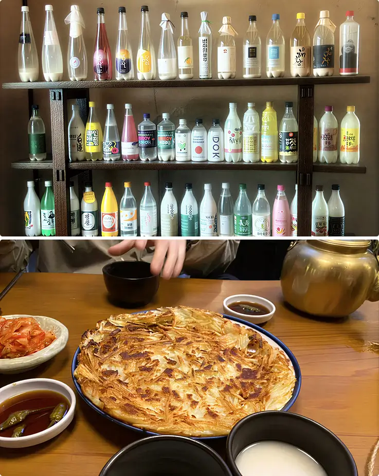People enjoying lunch with makgeolli at Seochon Hanok Village