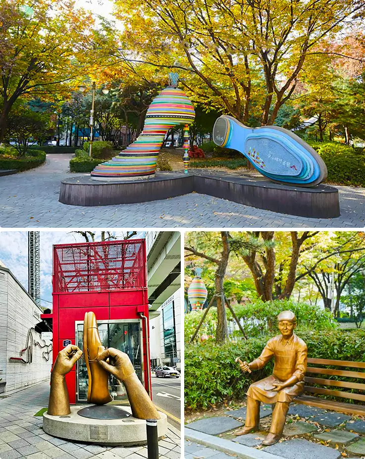 Colorful street sculptures and bronze statues celebrating local handmade shoemaking heritage.