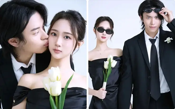 A sleek, monochrome editorial couple shoot with tulips and a bold, fashion-forward mood.