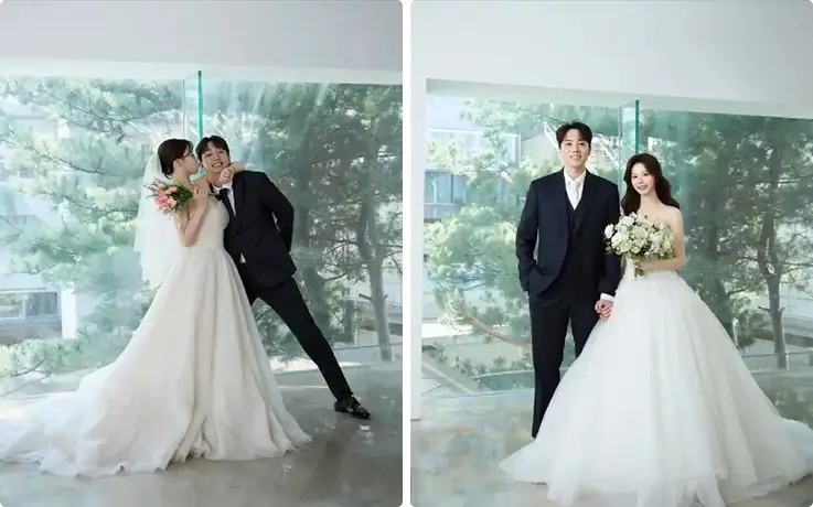 A bright, glass-walled studio setting captures a joyful, fairytale-style bridal moment together.