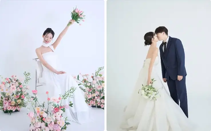 A whimsical floral backdrop frames playful and tender wedding-style portrait moments.