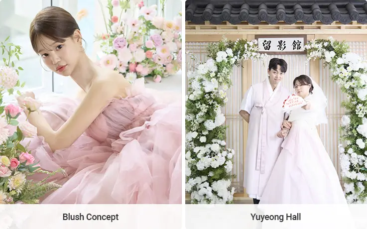 Soft pink florals and a traditional hanok gate offer two distinct romantic photoshoot moods.