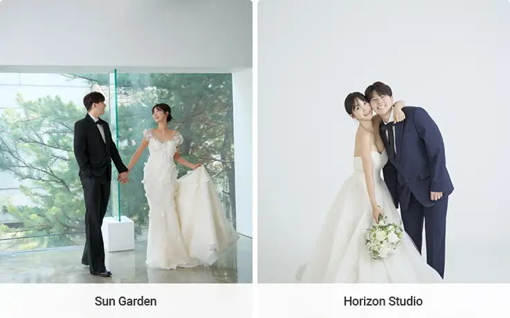 Natural sunlit greenery and a clean white studio showcase two elegant bridal photoshoot styles.