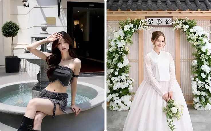 Chic urban portrait and elegant Hanbok photoshoot in floral hanok setting.