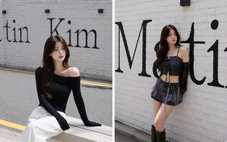 Fashionable black outfit portraits captured against iconic Matin Kim store wall.