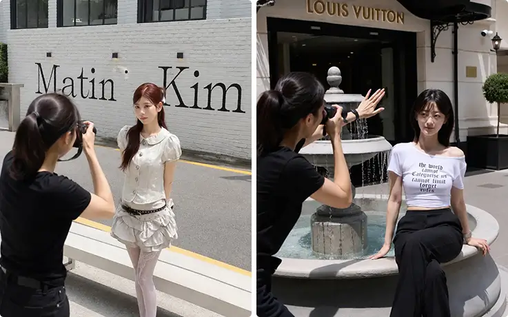 Trendy street style photoshoot captured outside Matin Kim and Louis Vuitton Seoul.