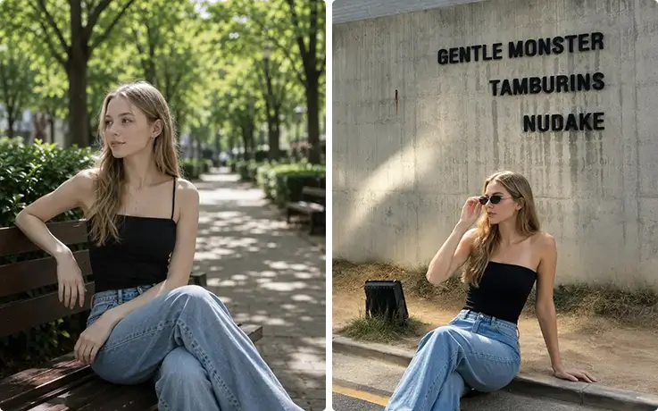 Natural outdoor portrait photoshoot near Gentle Monster, Tamburins, and Nudake in Seoul.