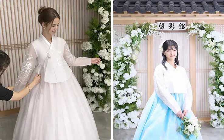 Elegant Hanbok styling and fitting session showcasing traditional Korean wedding-inspired photoshoot poses.