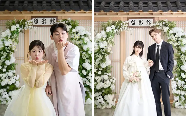 Traditional Hanbok couple portraits captured beautifully in front of a floral hanok backdrop.