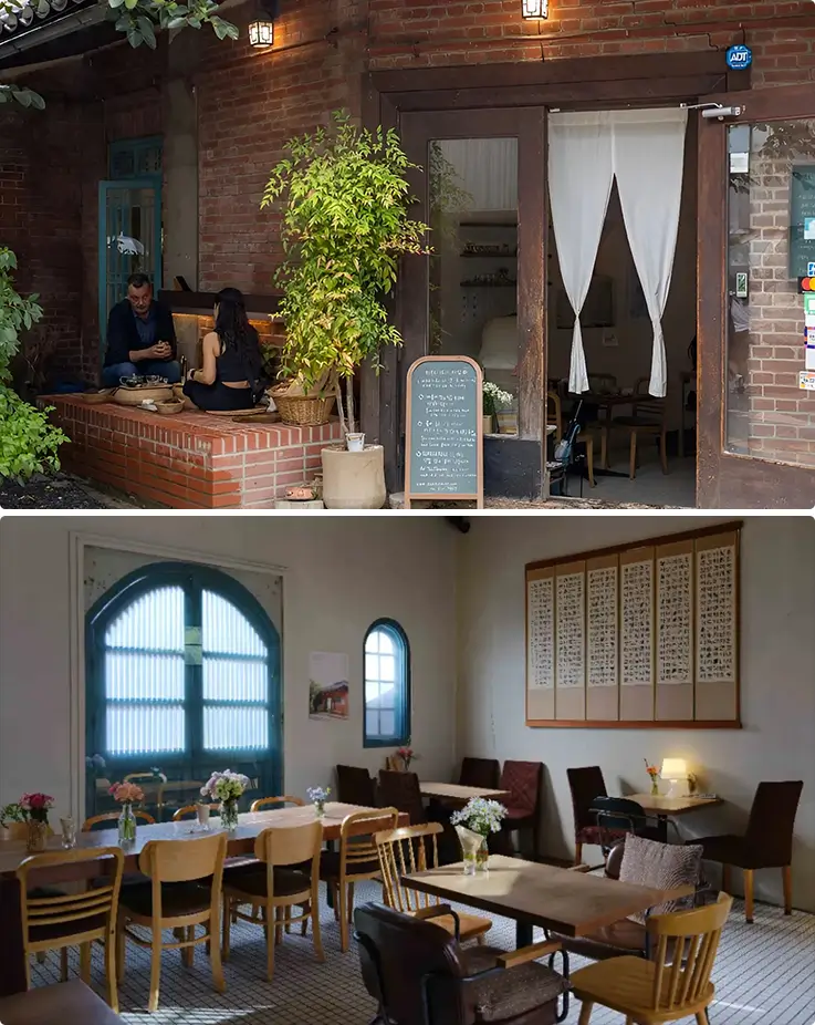 Charmante Backsteinfassade eines Hanok und gemütlicher Essbereich mit traditionellen Fenstern.