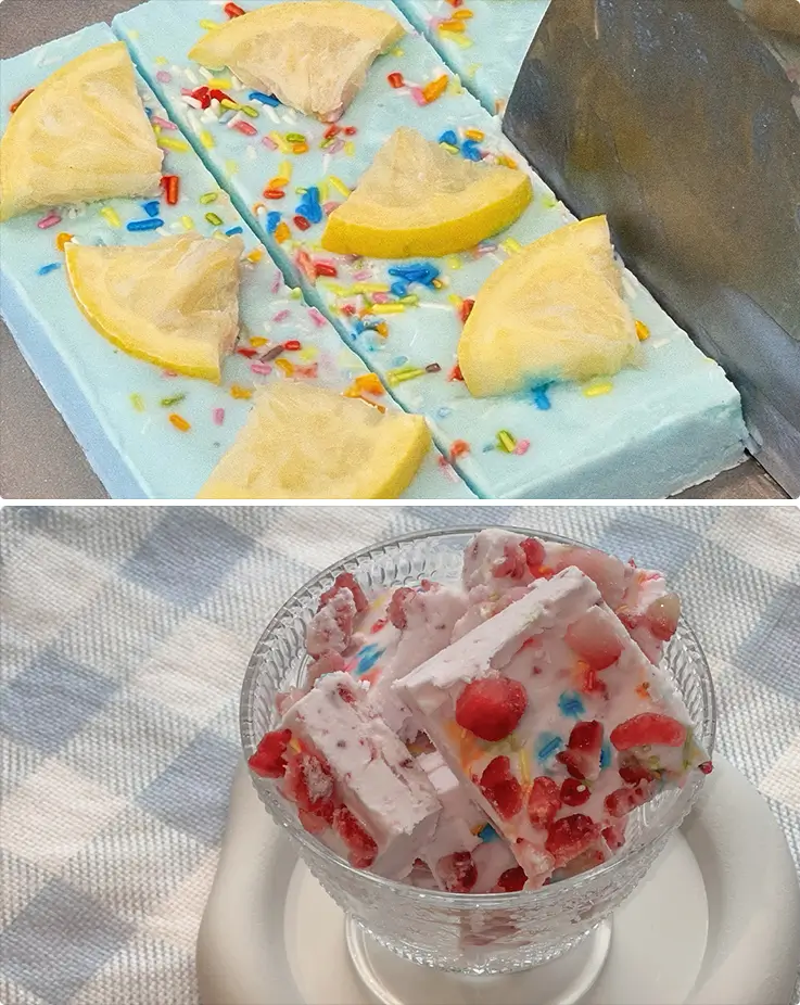 Rolled ice cream slices topped with lemon wedges and colorful rainbow sprinkles.