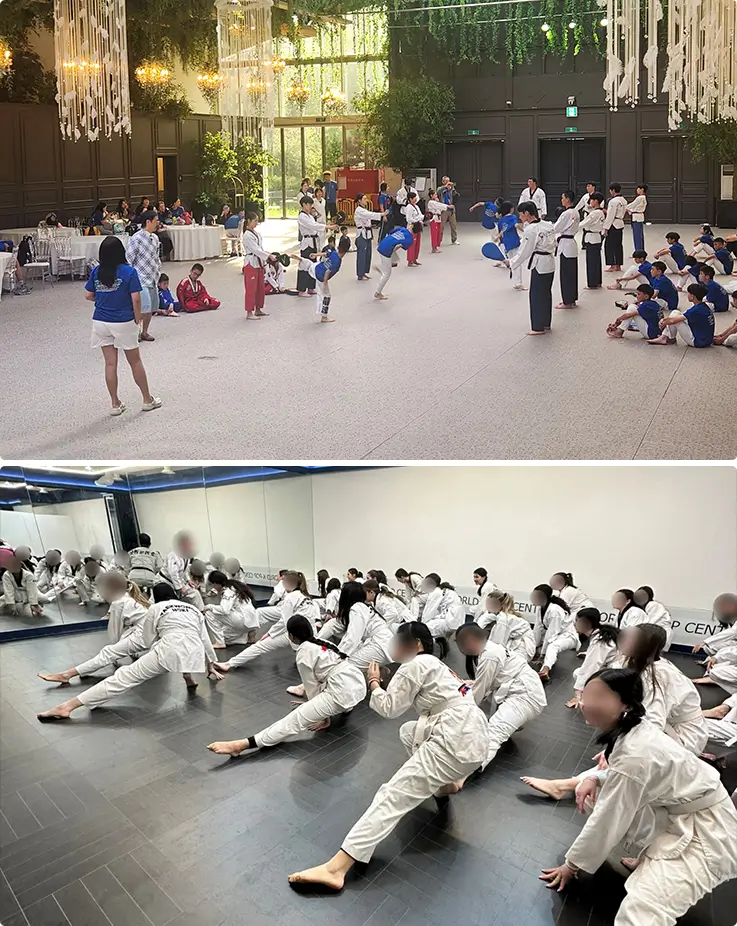 Taekwondo masters demonstrate stances as class participants in white dobok stretch together.