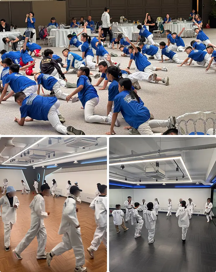 Taekwondo participants warm up with stretching and practice basic moves in Seoul.