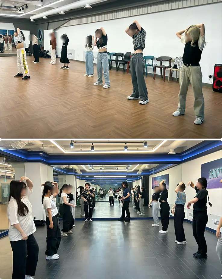 Students stretching and warming up inside bright, mirrored dance studios.