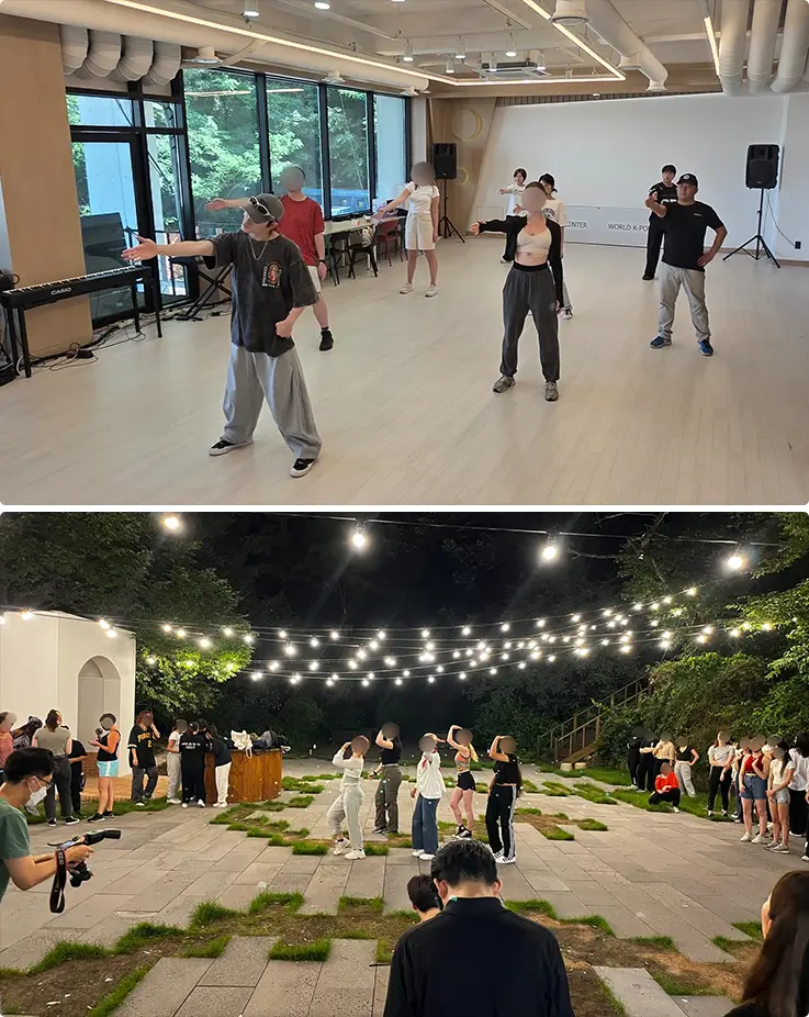 Trainer guiding a small group through dance moves indoors and outdoors at dusk.