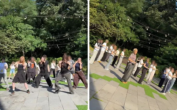 Group filming a short-form dance video outdoors under string lights.