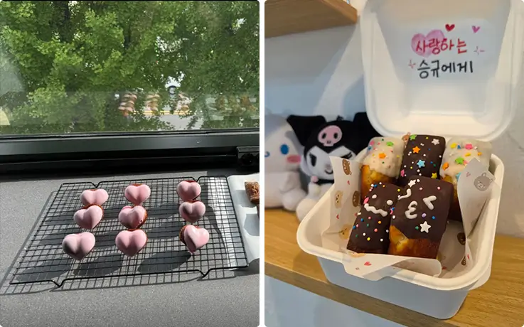 Pink heart-shaped madeleines and handmade icing-decorated loaf financiers in a takeaway box.