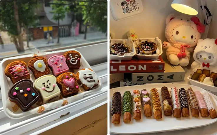 Cute toast-themed decorated financiers and colorful pepero-style financiers ready to take home.