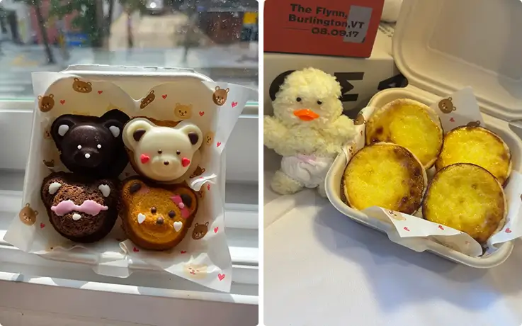 Cute bear-shaped madeleines and golden freshly baked egg tarts in takeaway packaging.