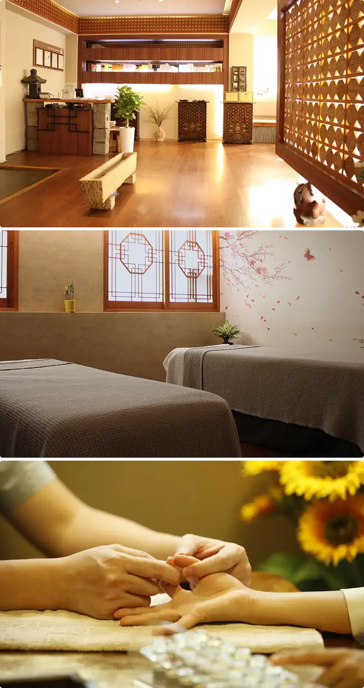 Traditional hanok-style spa interior with treatment rooms and personalized constitution diagnosis session.