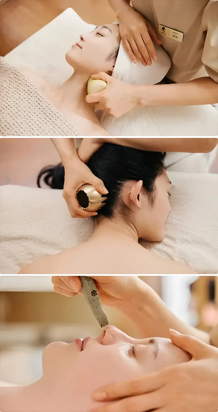 Traditional bronze and ceramic gua sha tools massage the face, neck, and scalp.