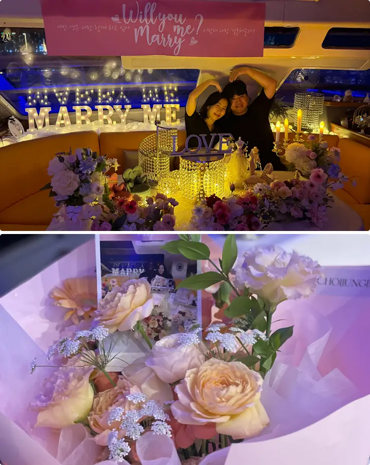 Romantic yacht proposal with glowing marry me lights, candles, and pastel bouquet.