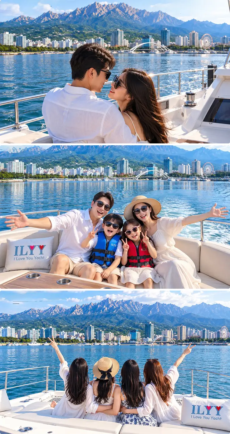 Pasangan, keluarga, dan teman menikmati pelayaran yacht yang cerah di Sokcho dengan pemandangan pegunungan.