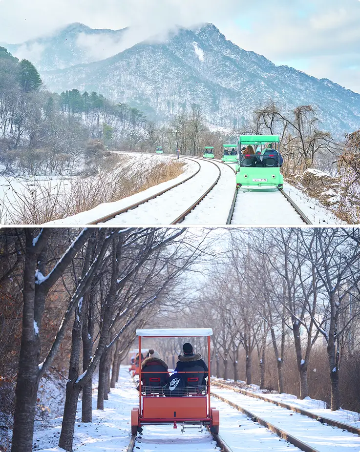 Ganchon rail bike with snow covered tracks