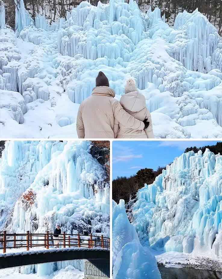 Frozen waterfall and ice formations at Eobi Ice Valley