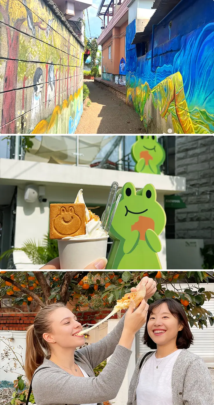 Suwon's colorful Haengnidangil mural alley with street art, cafés, and local food.