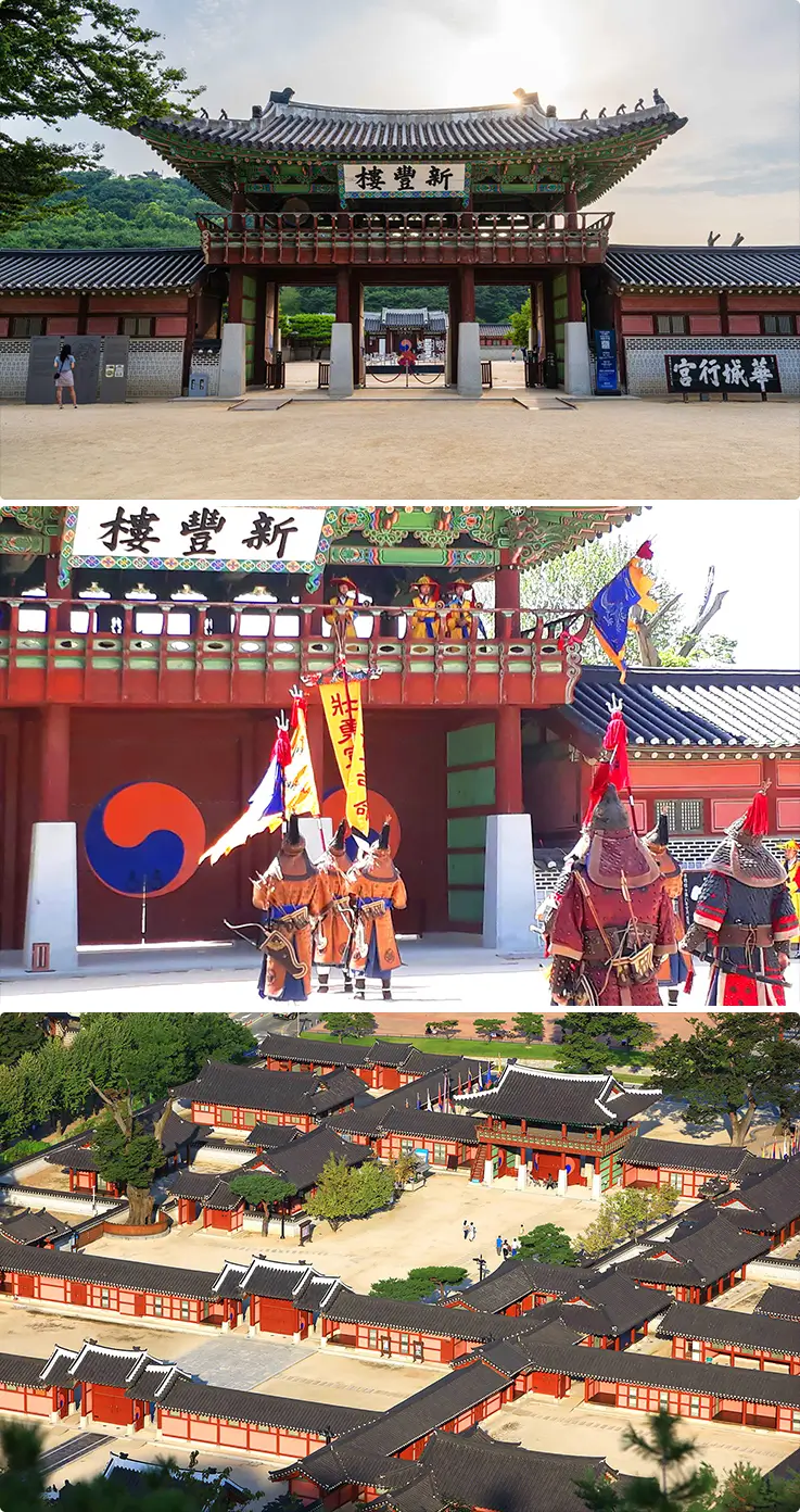 Hwaseong Haenggung Palace showcasing grand Joseon architecture and traditional royal guard ceremonies.
