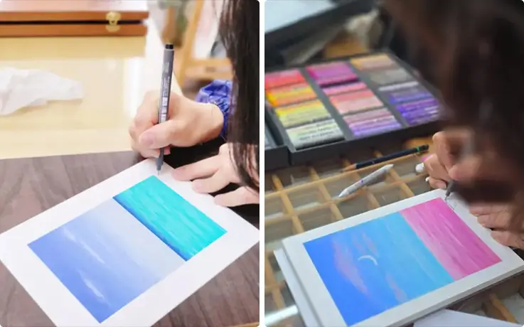 Guest drawing ocean and sunset sky artworks during Suwon oil pastel class.