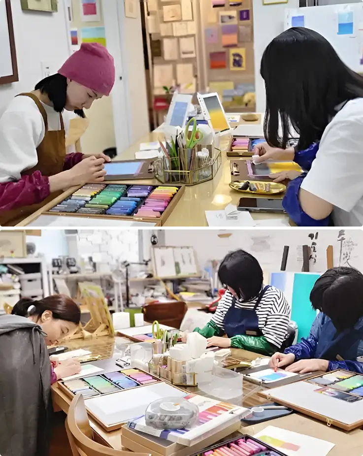 Participants enjoy a relaxed oil pastel class in a bright Suwon studio.