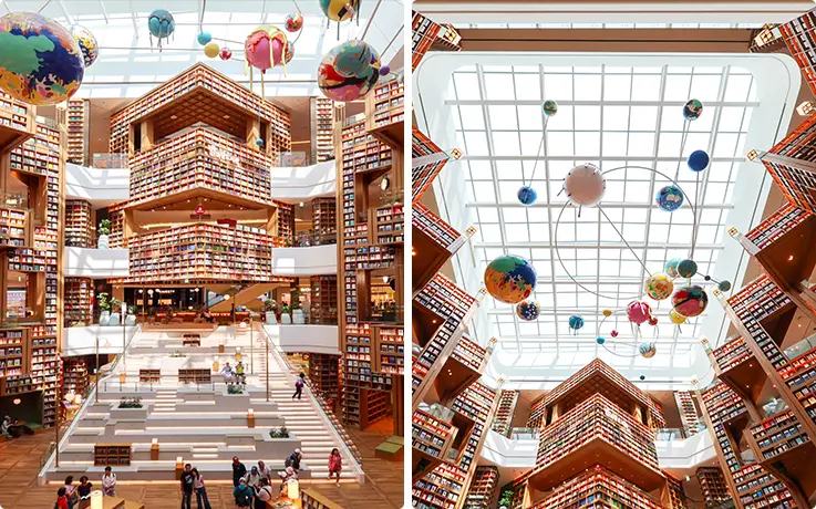 Starfield Library Suwon's breathtaking multi-story bookshelves with skylight and globe installations.
