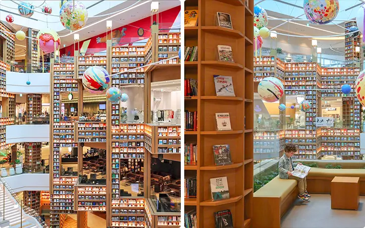 Starfield Library Suwon's towering shelves, colorful installations, and cozy visitor reading nooks.